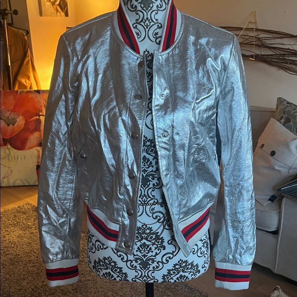 Forever 21 Silver Metallic Bomber Jacket with Red & Navy Trim